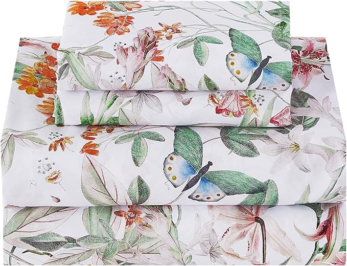 Softan Green Floral Full Sheet Set, Cozy Microfiber Butterfly Printed Fitted Bed Sheet with 15" Deep Pockets & Non-Slip Straps, Cute Girls Patterned Double Sheets & Pillowcase Set