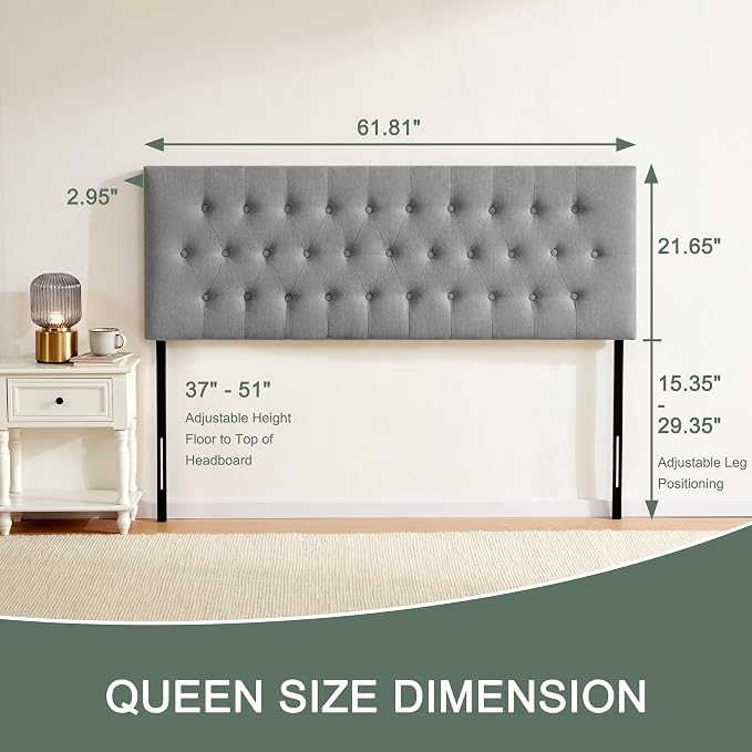 Tufted Upholstered Headboard Queen Size, Adjustable Height 37- 51 in, Gray | Sturdy and Durable Solid Wood Bed Headboard, Fabric Queen Headboard Only, Modern Button Diamond Design Head Board