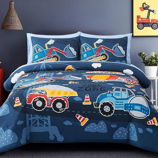 Full Size Comforter Set for Boys-7 Pieces Truck Tractor Excavator Glow in the Dark Full Bedding Sets for Kids, Ultra Soft Bed in A Bag with Sheets