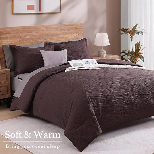 Geniospin Twin Comforter Set - 5 Pieces Purple Bedding Set, Botanical Textured Comforter Set, All Season Comfortable Bed in a Bag with Comforter, Sheets, Pillowcase & Sham