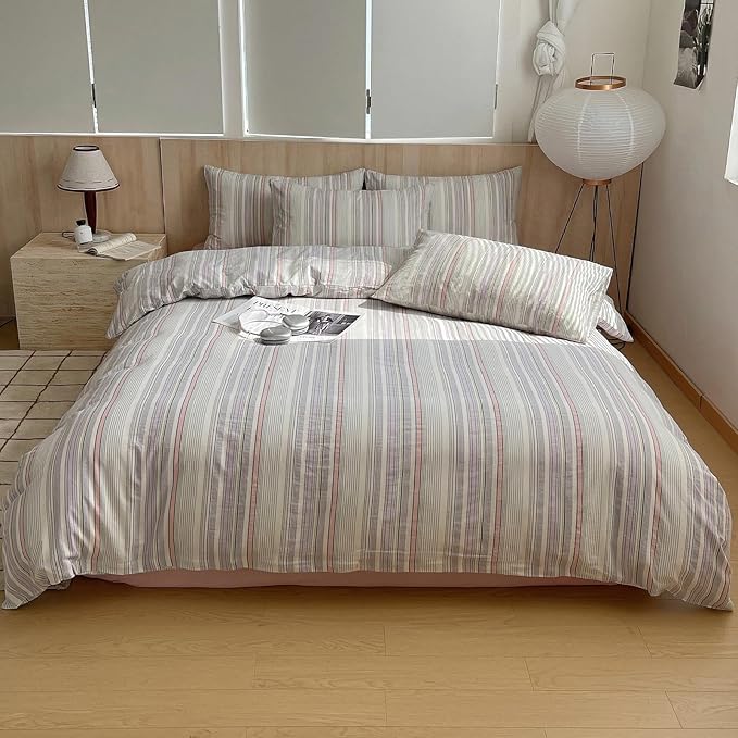 HighBuy King Size Comforter Set Pink Purple Stripes Pattern Comforter Vintage Striped Comforter Set Fluffy Lightweight,Washed Cotton Striped 3 Pieces Farmhouse Bed Comforter with 2 Pillowcases
