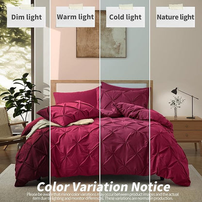 VACVELT 5 Piece Pinch Pleated Duvet Cover King Size Set, Burgundy Pintuck Duvet Cover with Zipper & 8 Ties, Shabby Chic Microfiber Duvet Cover + 2 Pillow Shams + 2 Pillowcases, No Comforter