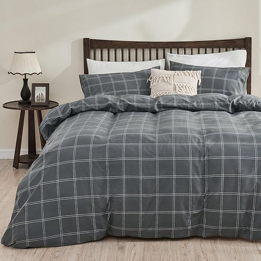 JELLYMONI 100% Natural Cotton Full Duvet Cover Set, 3pcs Plaid Duvet Cover Sets with Zipper Closure, Grid Geometric Pattern Comforter Cover, Dark Grey