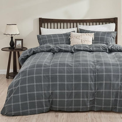 JELLYMONI 100% Natural Cotton Queen Duvet Cover Set, 3pcs Plaid Duvet Cover Sets with Zipper Closure, Grid Geometric Pattern Comforter Cover, Dark Grey