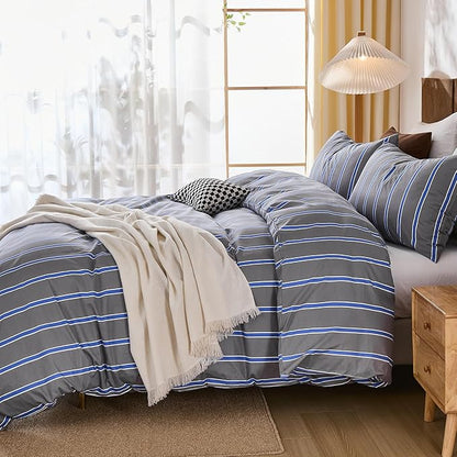 Merryword Blue and Gray Striped Duvet Cover Set Queen Size 100% Cotton Bedding Set with Modern Coastal Style Soft Breathable Linen Like Bedding Set 3 Pieces