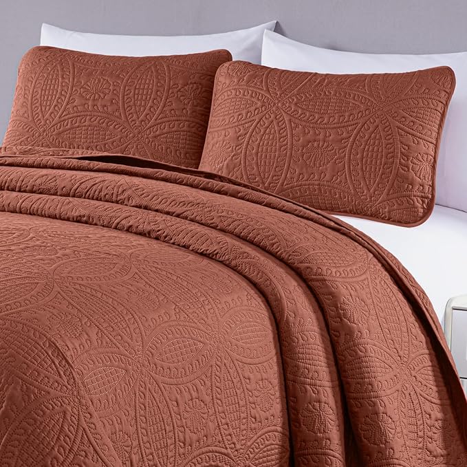 Chezmoi Collection Austin King Bedspread Set 3-Piece Pinsonic Quilted Oversized Bedspread Coverlet Set, King, Terracotta | Oversized, Lightweight, Fade Resistant