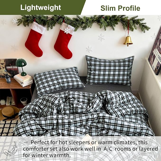 EAVD Vintage Gingham Comforter Set Queen Soft 100% Washed Cotton Chic Light Blue Grey Buffalo Plaid Comforter Set with 2 Pillowcases Farmhouse Geometric Pattern Bedding Set for All-Season