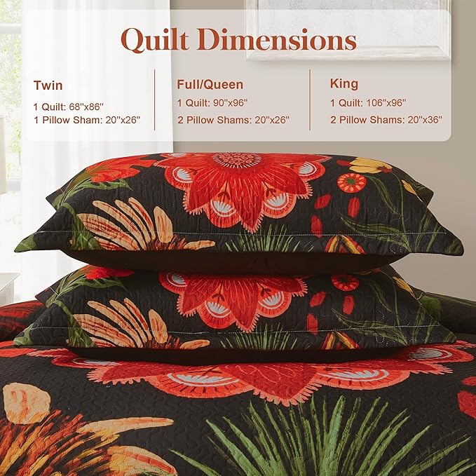3 Piece Black Red Boho Floral Quilt Sets Full/Queen Farmhouse Reversible Lightweight Bedspread Coverlet with 2 Shams Vintage Mid Century Microfiber Bedding Quilts Set for All Season, 90''x96''