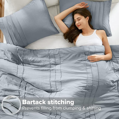 Comfort Spaces Blue/Grey Full Size Comforter Set - 3 Pieces Pintuck Pleated Bedding Sets, All Season Lightweight, Extra Softness Pre-Washed Microfiber Full Bed Set, Shams, Full