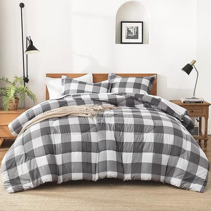 Andency Plaid Comforter Twin XL(68x92Inch), Gray White Checkered Gingham Buffalo Grid Bed Set for Students Boys Kids Teens, 2 Pieces Lightweight Polyester Geometric Dorm Bedding