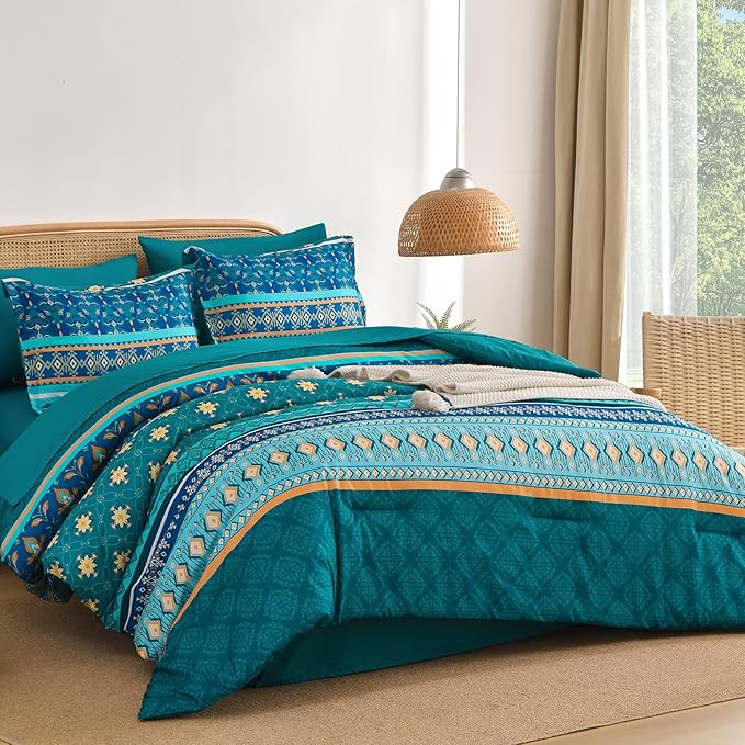 Boho Comforter Set Queen Size,7 Pieces Comforter Bedding Set Bed in a Bag Bohemian,Turquoise Blue Paisley Floral Comfortet and Sheet Set,Soft Striped Bedding Sets for All Season