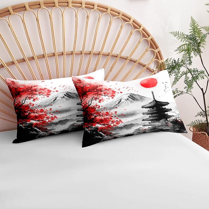 Japanese Style Botanical Comforter Set Twin Size, 2 Pieces Classical Architecture Art Painting Lightweight Summer Comforter with 1 Pillow Case, Ultra Soft Microfiber Bedding Set(68" X 86")