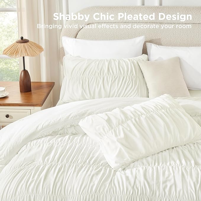 Andency Ruched Ivory King Size Comforter Set, Shabby Chic Pleated Bedding Sets 3 Pieces, Lightweight Soft Boho Ruffle Bed Set for Girls, Kids, Women, All Season