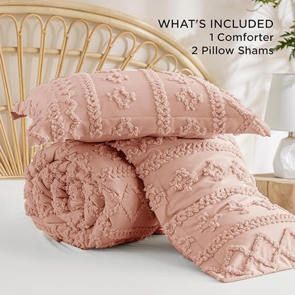 Bedsure Tufted Boho Comforter Set King Size - Light Pink Boho Bed Set, GentleSoft™ 3 Pieces Farmhouse Shabby Chic Embroidery Bedding, Gifts for Woman, Soft Jacquard King Comforter for All Seasons