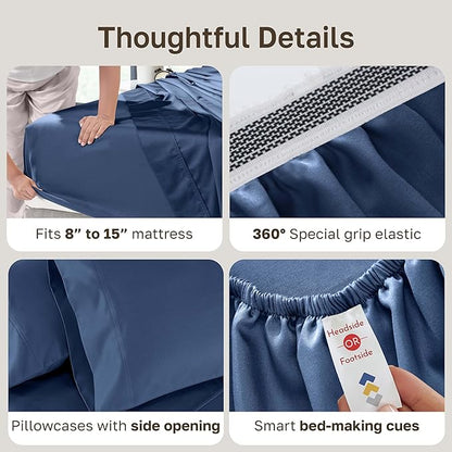 California Design Den Split King Sheets Sets for Adjustable Bed - Luxury Hotel 800 Thread Count Sateen, Natural 100% Cotton Bed Sheets, Deep Pockets & Durable Bedding Set - Navy Blue