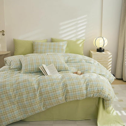 EAVD Vintage Style Yellow&Green Gingham Comforter Set Queen Washed Cotton Grid Plaid Comforter Set 3-Piece Retro Checkered Bedding Set with 2 Pillowcases Farmhouse Gingham Bedding Set for All-Season