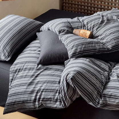 Striped Twin XL Duvet Cover Black Washed Cotton Twin XL Comforter Cover Grey Vertical Stripe Farmhouse Zipper Duvet Cover Set with Ties Soft Boho Bedding Set Minimalist Duvet Protector