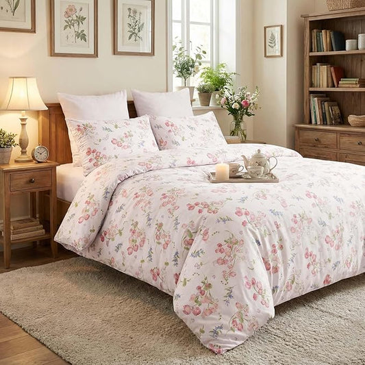Nayoroom Pink Floral Comforter Set Queen Size Spring Botanical Blooms Flower Comforter 3 Pieces Soft Lightweight Aesthetic Bedding Set for All Seasons