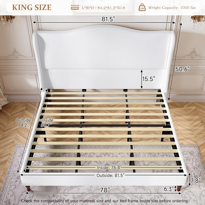 koorlian King Size Upholstered Bed Frame with 51'' Tall Headboard, White | Reinforced Platform Bed, Easy Assembly, Soft Fabric, Sleigh Wingback, Solid Wood Retro Legs, Noise-Free, Classic & Simple