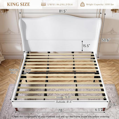 koorlian King Size Upholstered Bed Frame with 51'' Tall Headboard, White | Reinforced Platform Bed, Easy Assembly, Soft Fabric, Sleigh Wingback, Solid Wood Retro Legs, Noise-Free, Classic & Simple