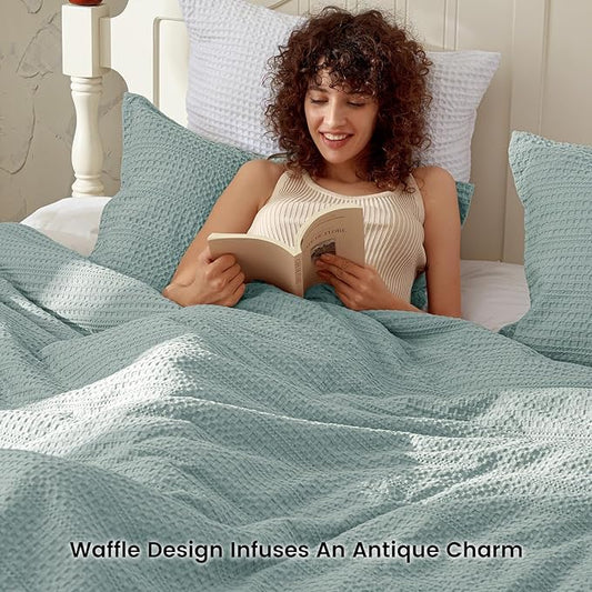 PHF Soft Waffle Comforter Set Twin Size- Comfy Breathable Waffle Weave Comforter with 1 Pillow Shams, 2 Pieces Less Snagging Lightweight Textured Bedding Set for All Season, Dusty Blue