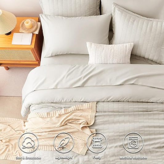 CozyLux Twin Comforter Set with Sheets 5 Pieces, Beige Seersucker Textured Bed in a Bag for Bedroom, Luxury Soft Bedding Sets with Down Alternative Comforter, Sheets, Pillowcase & Sham for All Seasons
