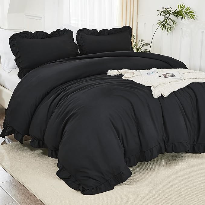 Litanika Black Queen Comforter Set, 3 Pieces Ruffle Farmhouse Aesthetic Bedding Comforter Set, All Season Soft Lightweight Fluffy Microfiber Bed Set(90x90In Comforter, 2 Pillowcases)