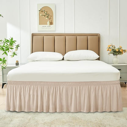 Biscaynebay Wrap Around Bed Skirts for King & Cal King Beds 14" Drop, Sand Adjustable Elastic Dust Ruffles Easy Fit Wrinkle Resistant Silky Luxurious Fabric Machine Washable