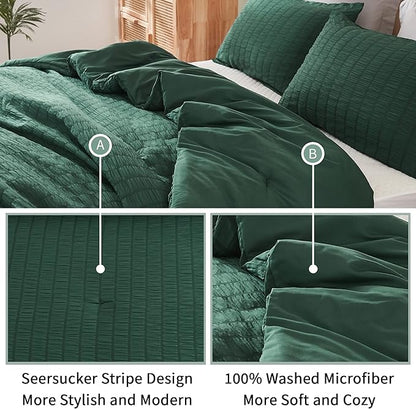AveLom Dark Green Seersucker California King Comforter Set (104x96 inches), 3 Pieces-100% Soft Washed Microfiber Lightweight Comforter with 2 Pillowcases, All Season Down Alternative Bedding Set