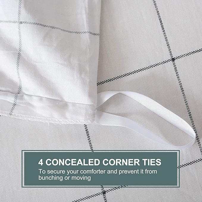 JELLYMONI 100% Natural Cotton 3pcs Plaid Duvet Cover Sets,White with Black Grid Geometric Pattern Printed Comforter Cover,with Zipper Closure & Corner Ties(Oversized King Size)