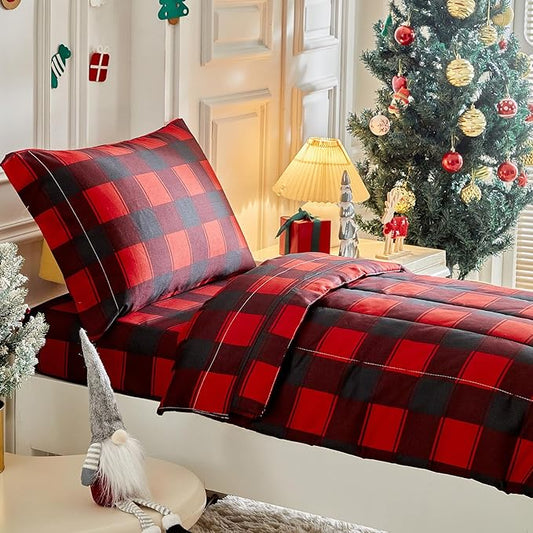 Christmas Toddler Bedding Set for Boys Girls Red Black Plaid Gingham Holiday 4PC Toddler Bed Set - Cute Toddler White Bed in a Bag for New Year