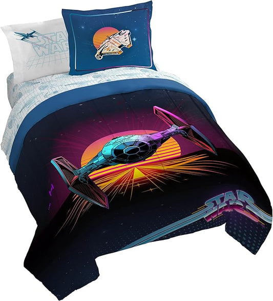 Jay Franco Kids Comforter Set Includes Sheets and Pillow Covers - Soft and Cozy Bed Set for Stylish Room Decor, Blue - Star Wars 02, 7 Piece Queen Size Bedding