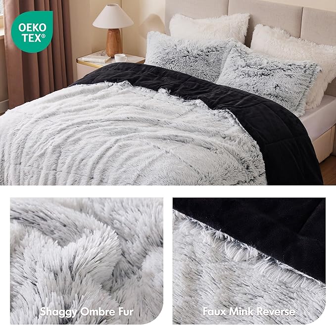 Intelligent Design Malea Shaggy Bedding Comforter Set, Long Faux Fur Cozy Down Alternative, Modern Ultra Soft All Season Warm & Fluffy Comforter, Matching Sham, King/Cal King Heathered Grey 3 Piece