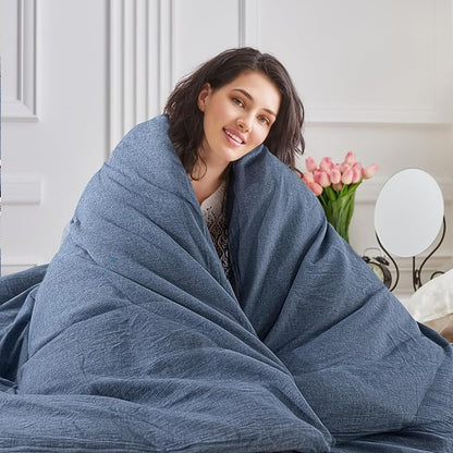 NEXHOME PRO Duvet Cover Queen 100% Washed Cotton, Organic Natural Linen Like Textured, Breathable, Durable, Home Bedding Set, Heathered Blue 9090
