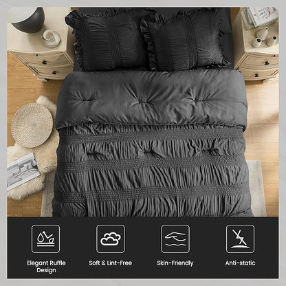 Queen Comforter Set Seersucker 7 Pieces Luxury Ruffle Bed in a Bag Queen Size for All Season Black Bedding Set with Comforter, Pillowcases, Flat Sheet, Fitted Sheet and Pillow Shams