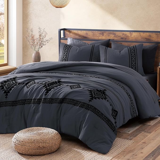 MaiRêve Embroidery King Size Comforter Set Crown Blue, Boho Farmhouse Western Bedding Set 7 Pieces, All Season Bed in A Bag Comforter Set with Sheets, Pillowcases & Shams