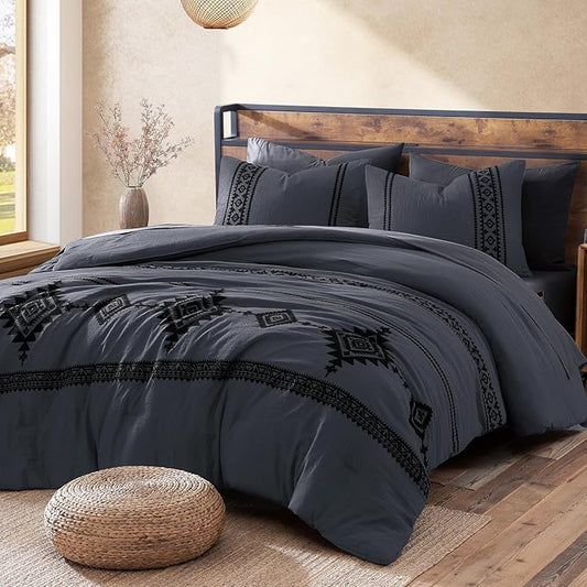 MaiRêve Embroidery King Size Comforter Set Crown Blue, Boho Farmhouse Western Bedding Set 7 Pieces, All Season Bed in A Bag Comforter Set with Sheets, Pillowcases & Shams