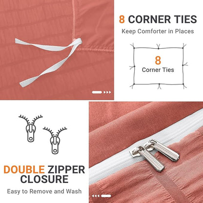 HYMOKEGE Coral Red Duvet Cover Queen Size, Ultra Soft 3-Piece Seersucker Duvet Cover Set with Zipper Closure, Soft Brushed Microfiber Bedding Set with 8 Corner Ties (90"x90", 2 Pillowshams)