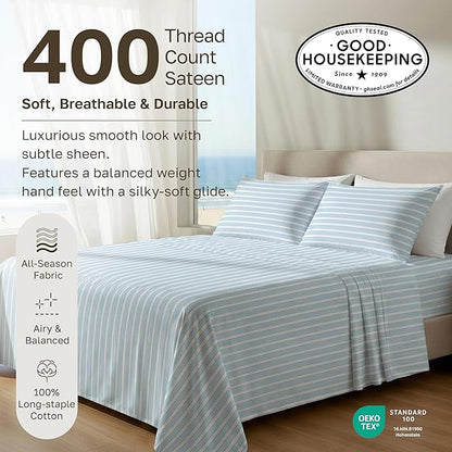 California Design Den Full Size Bed Sheets Set - 400 Thread Count Sateen, Natural 100% Cotton Sheets, Deep Pocket and Durable Bedding Set - Cape Stripe