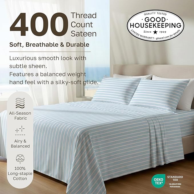 California Design Den Deep Pocket Twin Sheets Set - 400 Thread Count Sateen, Natural 100% Cotton Sheets, and Durable Bedding Set - Cape Stripe