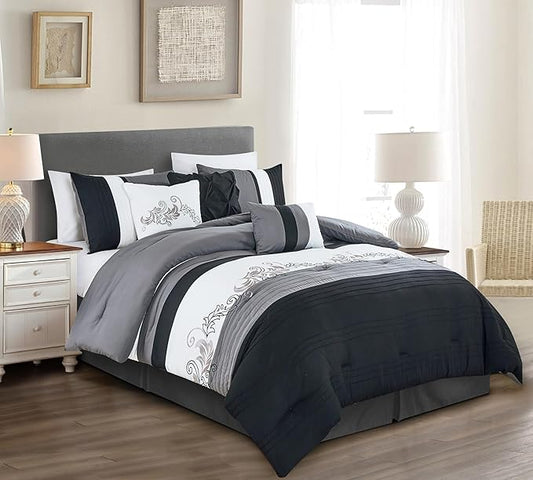Chezmoi Collection Napa 7-Piece Luxury Leaves Scroll Embroidery Bedding Comforter Set (King, Black/Gray/White)