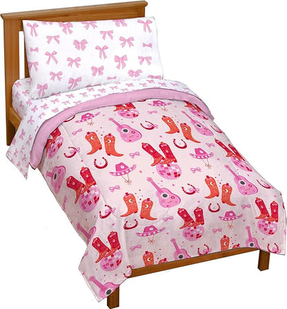 Jay Franco Kids Comforter Set Includes Sheets and Pillow Covers - Soft and Cozy Bed Set for Stylish Room Decor, Pink - Cowgirl Boots & Bows 4 Piece Toddler Size Bedding