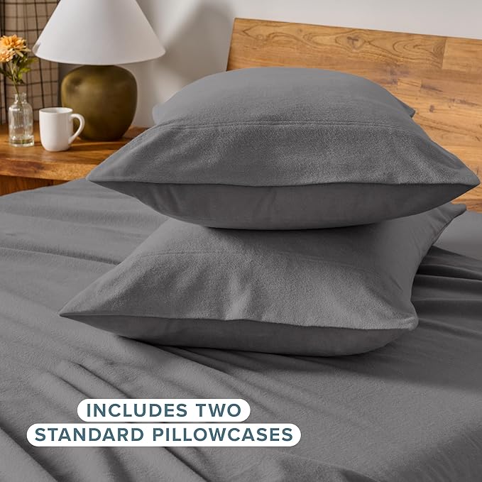 Bare Home Flannel King Pillowcases Set of 2-100% Cotton - Velvety Soft & Cozy - Double Brushed Heavyweight Flannel Pillowcases (King Pillowcase Set of 2, Grey)