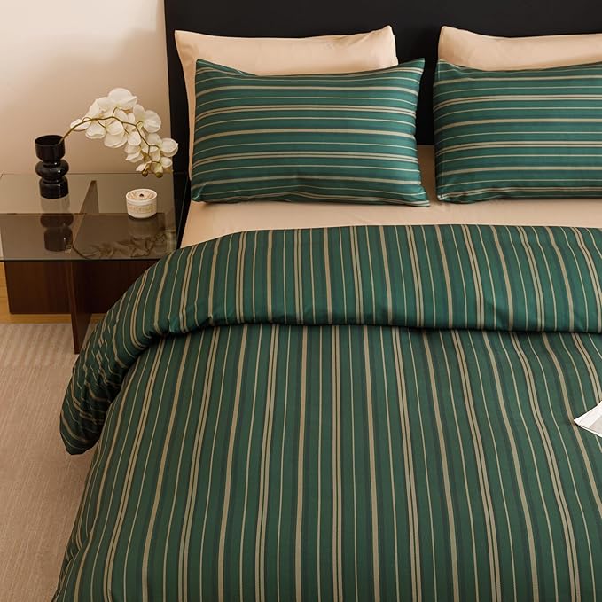 CLOTHKNOW Striped King Size Comforter Set 3Pcs Green Bedding Comforter Sets Farmhouse Ticking Comforter with 2 x Pillow Cases