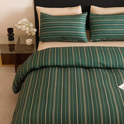 CLOTHKNOW Striped King Size Comforter Set 3Pcs Green Bedding Comforter Sets Farmhouse Ticking Comforter with 2 x Pillow Cases