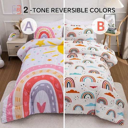 Btargot Lightweight Soft 3 Piece Rainbow Comforter Set with 2 Pillow Covers, Cartoon Love Hearts Flowers and Sun Star Bedding Set for Girls Boys Kids, Twin Pink
