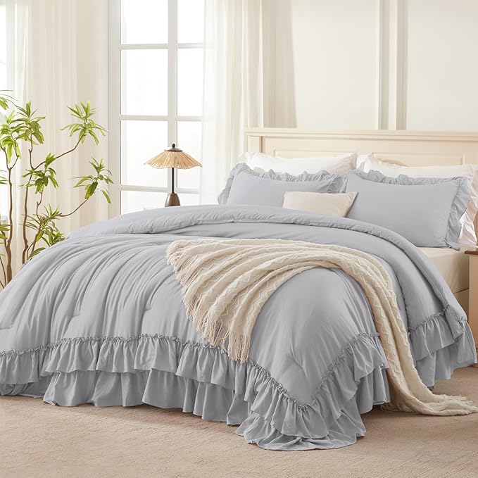 Andency Light Gray Comforter Set Queen Size, Lightweight Fluffy Farmhouse Ruffle Bedding Set, Soft Polyester All Season Shabby Chic Bed Comforter Set 3 Pieces(1 Comforter 2 Pillowcases)
