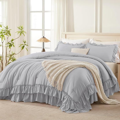 Andency Light Gray Ruffle Comforter Set King, Shabby Chic Farmhouse Bedding Comforter, Soft Lightweight Fluffy Polyester Bet Set All Season 3 Pieces Solid Comforter Set