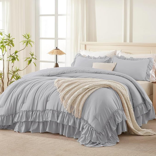 Andency Light Gray Ruffle Comforter Full Set, 3pcs Vintage Farmhouse Shabby Chic Bedding Comforter Set, Soft Lightweight Fluffy Bed Comforter Sets All Season Bedding Set