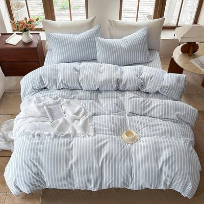 Striped Duvet Cover Set 100% Washed Cotton Linen Like Soft Feelling Breathable Bedding(White/Cornflower Blue Strip,King)